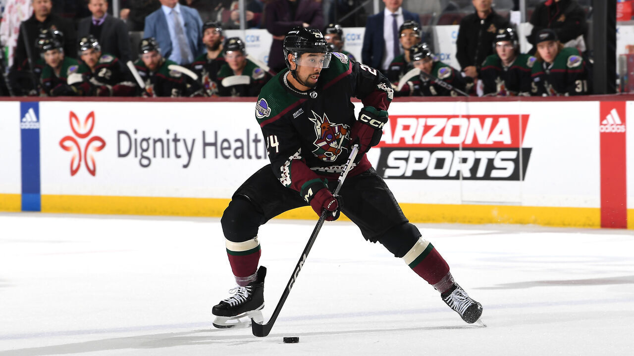 TEMPE, ARIZONA - FEBRUARY 21: Matt Dumba #24 of the Arizona Coyotes skates with the puck against the Toronto Maple Leafs at Mullett Arena on February 21, 2024 in Tempe, Arizona.