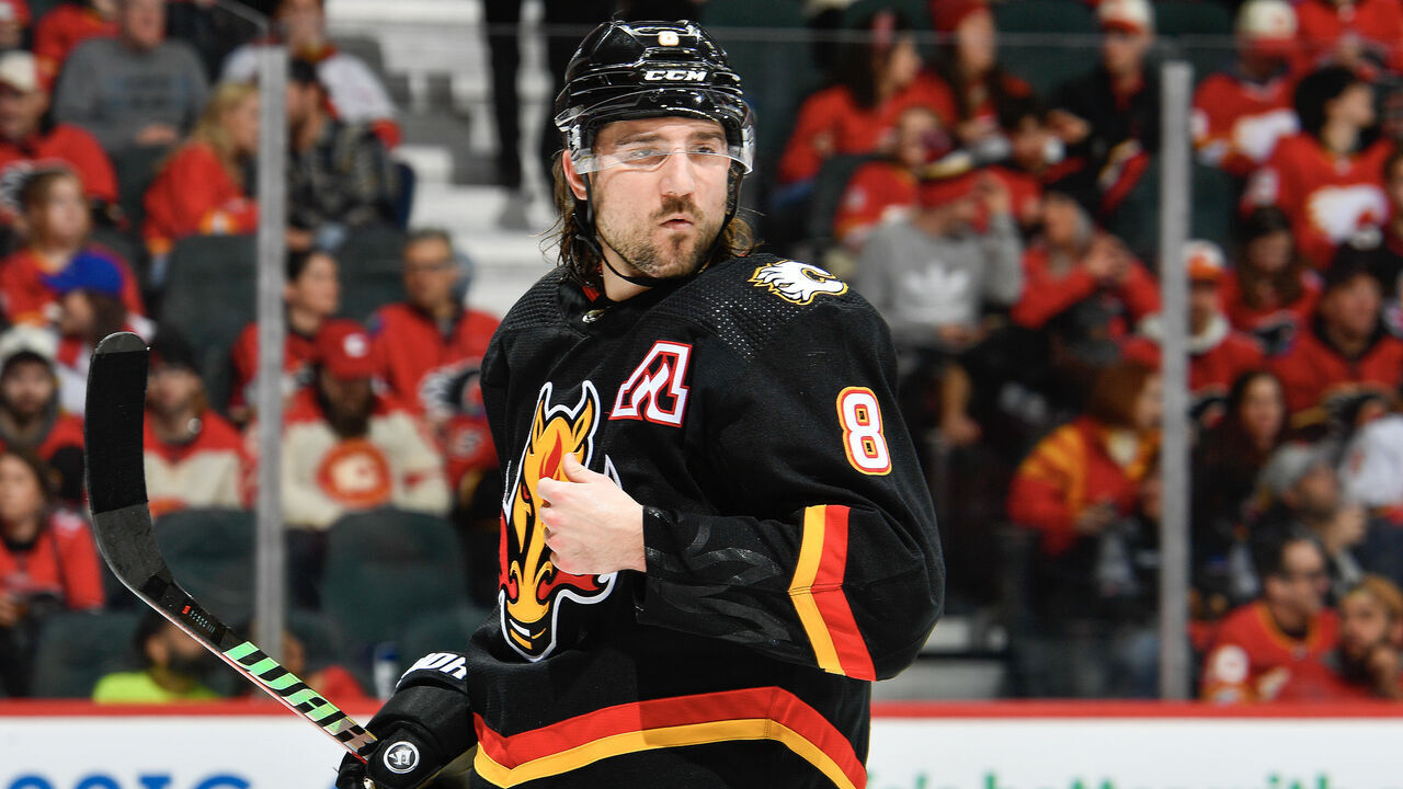CALGARY, ALBERTA - JANUARY 27: Chris Tanev #8 of the Calgary Flames skates against the Chicago Blackhawks at the Scotiabank Saddledome on January 27, 2024 in Calgary, Alberta.