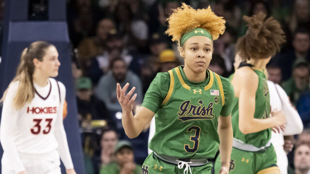 SOUTH BEND, IN - FEBRUARY 29: Notre Dame Fighting Irish guard Hannah Hidalgo (3) reacts after making a basket during a college basketball game between the Virginia Tech Hokies and the Notre Dame Fighting Irish on February 29, 2024 at Purcell Pavilion in South Bend, Indiana.