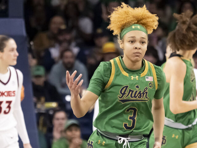 SOUTH BEND, IN - FEBRUARY 29: Notre Dame Fighting Irish guard Hannah Hidalgo (3) reacts after making a basket during a college basketball game between the Virginia Tech Hokies and the Notre Dame Fighting Irish on February 29, 2024 at Purcell Pavilion in South Bend, Indiana.