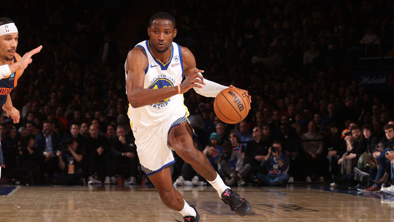NEW YORK, NY - FEBRUARY 29: Jonathan Kuminga #00 of the Golden State Warriors dribbles the ball during the game against the New York Knicks on January 29, 2024 at Madison Square Garden in New York City, New York. Mandatory Copyright Notice: Copyright 2024 NBAE