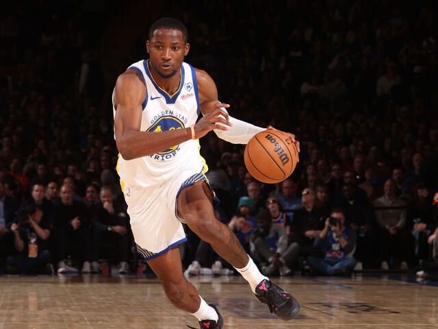 NEW YORK, NY - FEBRUARY 29: Jonathan Kuminga #00 of the Golden State Warriors dribbles the ball during the game against the New York Knicks on January 29, 2024 at Madison Square Garden in New York City, New York. Mandatory Copyright Notice: Copyright 2024 NBAE