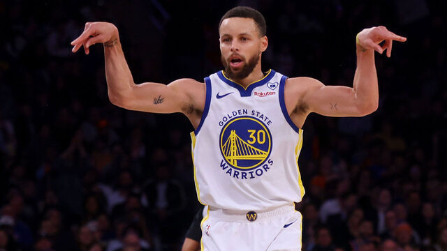 NEW YORK, NEW YORK - FEBRUARY 29: Stephen Curry #30 of the Golden State Warriors celebrates after hitting a three point basket against the New York Knicks at Madison Square Garden on February 29, 2024 in New York City.