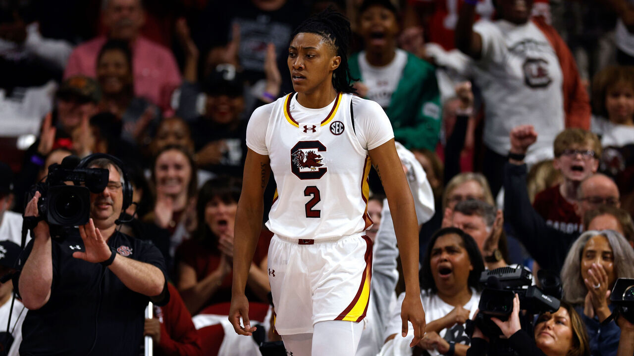 COLUMBIA, SOUTH CAROLINA - FEBRUARY 11: Ashlyn Watkins #2 of the South Carolina Gamecocks reacts following a basket against the UConn Huskies at Colonial Life Arena on February 11, 2024 in Columbia, South Carolina. SC won 83-65.