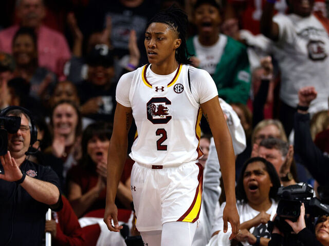 COLUMBIA, SOUTH CAROLINA - FEBRUARY 11: Ashlyn Watkins #2 of the South Carolina Gamecocks reacts following a basket against the UConn Huskies at Colonial Life Arena on February 11, 2024 in Columbia, South Carolina. SC won 83-65.