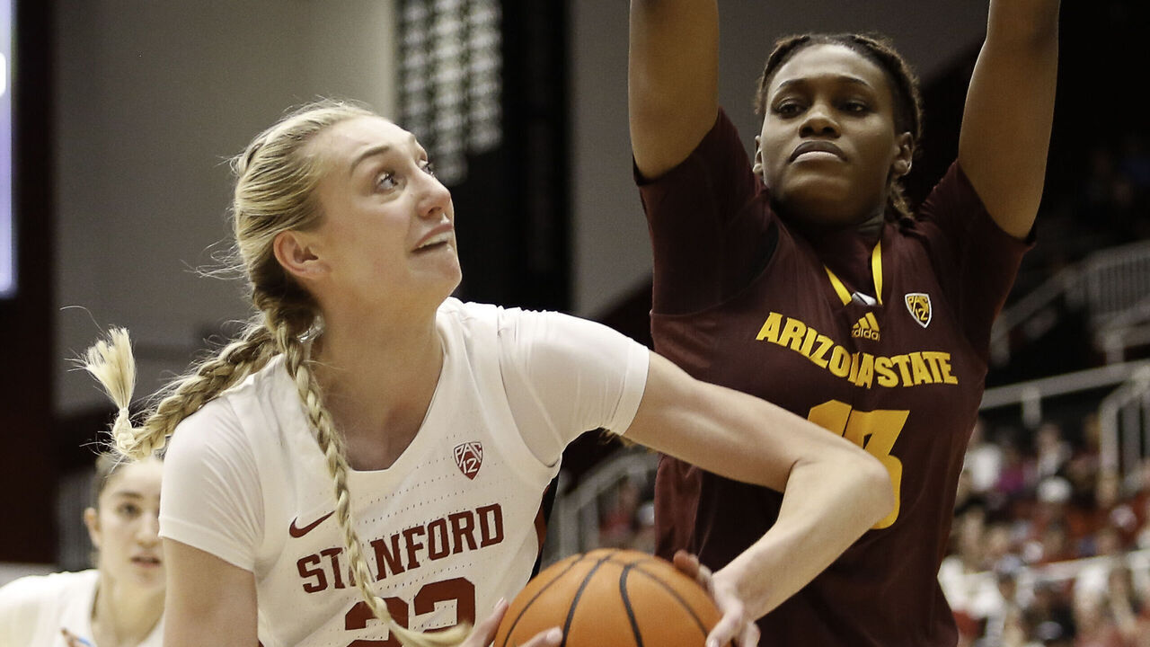 STANFORD, CA - FEBRUARY 25: Stanford Cardinal F Cameron Brink (22) looks to put up her shot in the game between the ASU Sun Devils and Stanford Cardinal on February 25, 2024 at Maples pavilion in Palo Alto, CA.