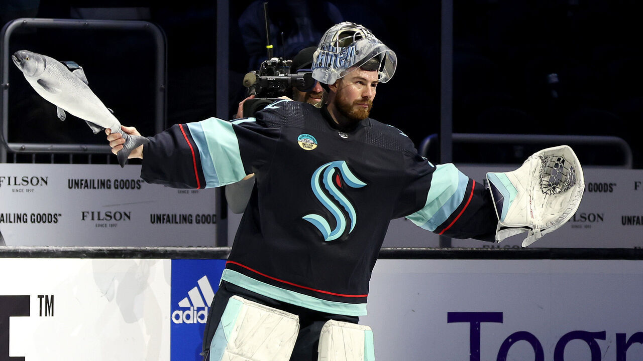 SEATTLE, WASHINGTON - FEBRUARY 29: Philipp Grubauer #31 of the Seattle Kraken reacts after he was named the first star of the game against the Pittsburgh Penguins at Climate Pledge Arena on February 29, 2024 in Seattle, Washington.