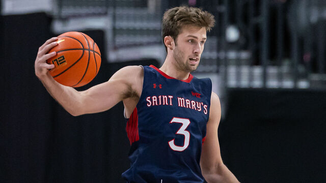 LAS VEGAS, NEVADA - NOVEMBER 17: Augustas Marciulionis #3 of the St. Mary's Gaels catches the ball during the game against the San Diego State Aztecs in the Continental Tire Main Event at T-Mobile Arena on November 17, 2023 in Las Vegas, Nevada.