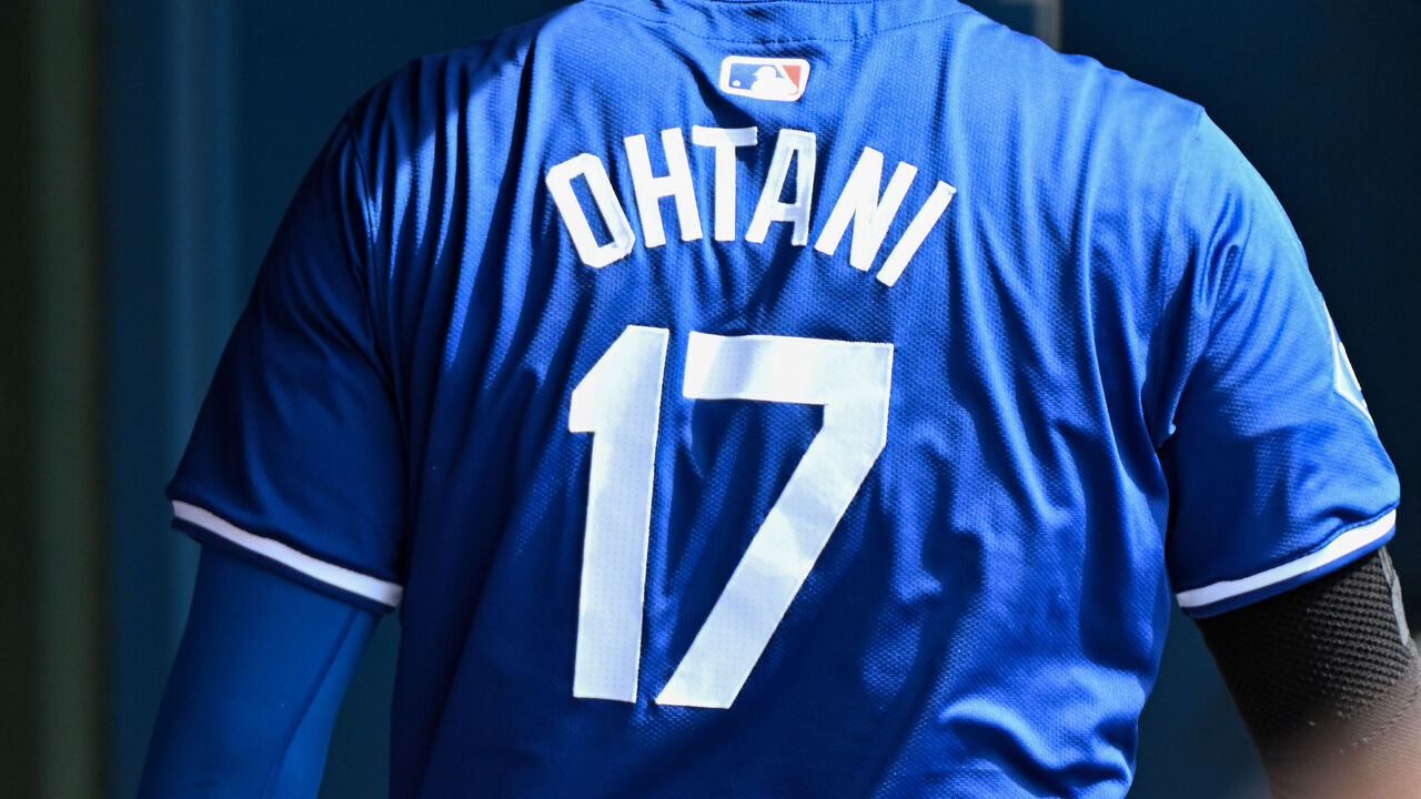 GLENDALE, ARIZONA - FEBRUARY 27, 2024: A closeup view of the jersey worn by Shohei Ohtani #17 of the Los Angeles Dodgers prior to a spring training game against the Chicago White Sox at Camelback Ranch on February 27, 2024 in Glendale, Arizona.