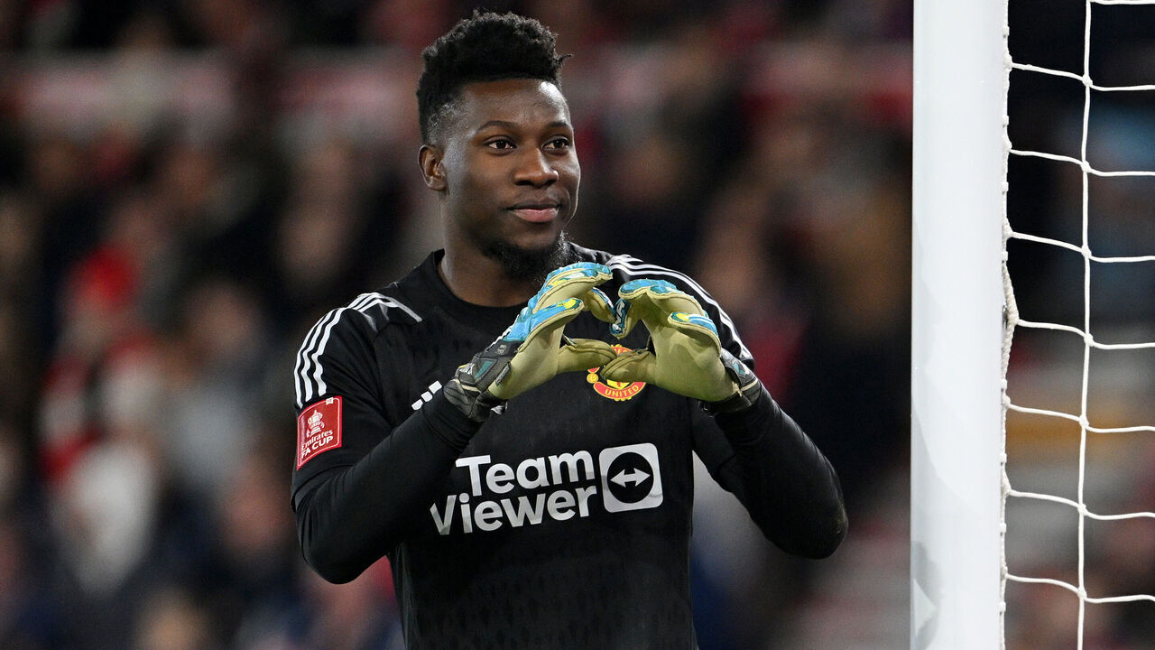 NOTTINGHAM, ENGLAND - FEBRUARY 28: Andre Onana of Manchester United forms the shape of a heart with his hands as he reacts during the Emirates FA Cup Fifth Round match between Nottingham Forest and Manchester United at City Ground on February 28, 2024 in Nottingham, England.