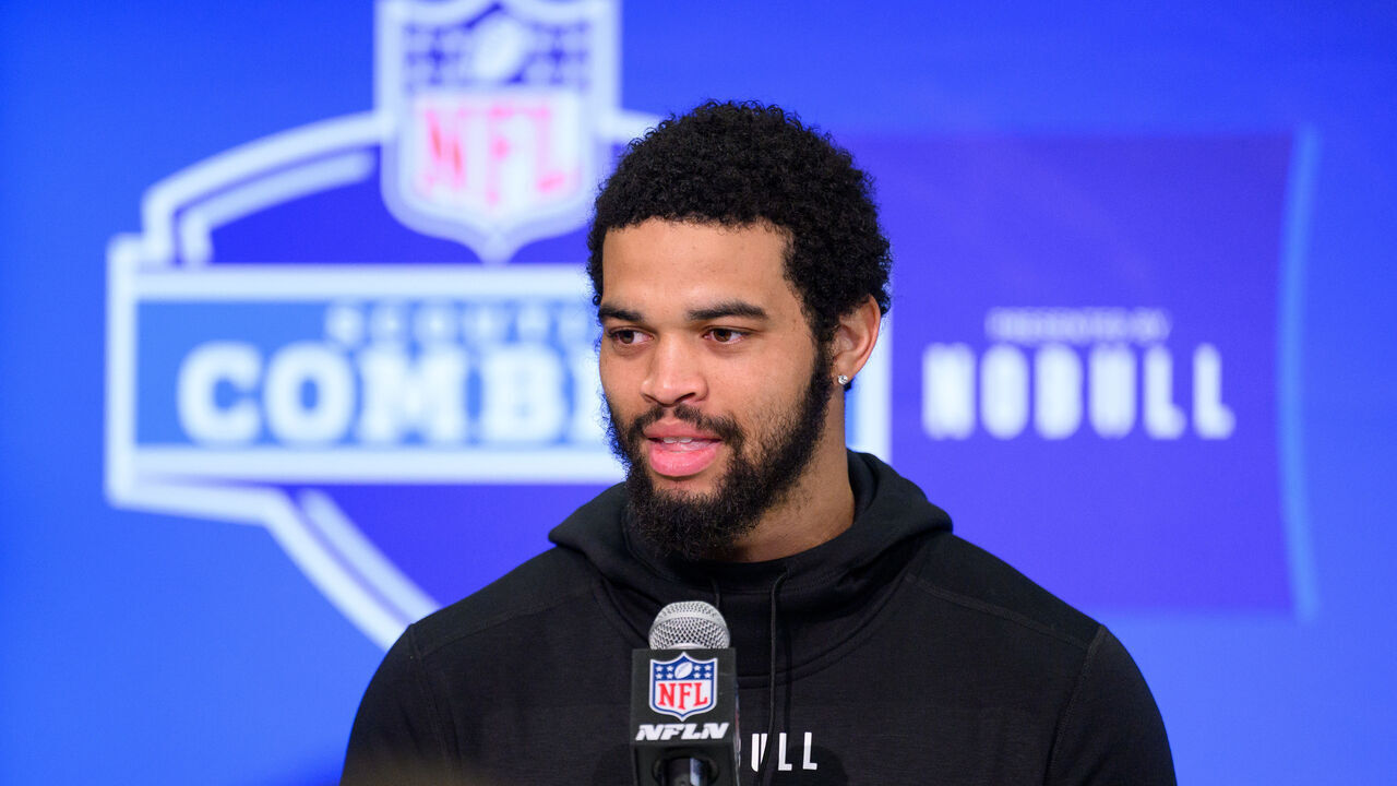 INDIANAPOLIS, IN - MARCH 01: USC quarterback Caleb Williams answers questions from the media during the NFL Scouting Combine on March 1, 2024, at the Indiana Convention Center in Indianapolis, IN.