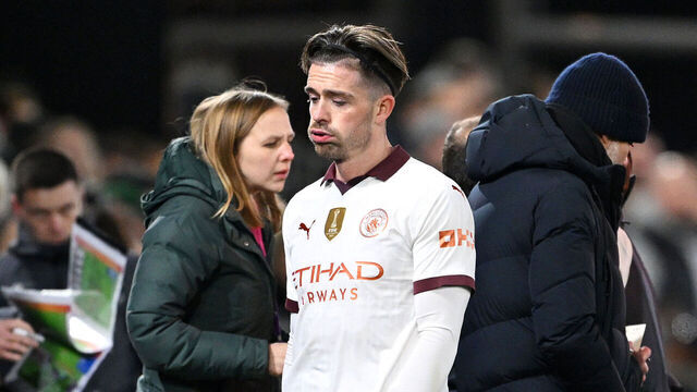 LUTON, ENGLAND - FEBRUARY 27: Jack Grealish of Manchester City reacts after being substituted after picking up an injury during the Emirates FA Cup Fifth Round match between Luton Town and Manchester City at Kenilworth Road on February 27, 2024 in Luton, England.