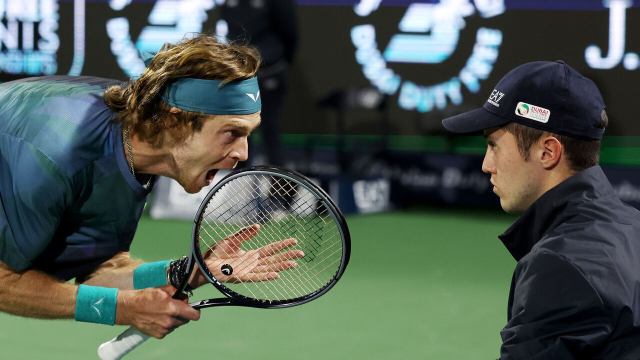 DUBAI, UNITED ARAB EMIRATES - MARCH 01: Andrey Rublev shouts at line judge while playing against Alexander Bublik of Kazakhstan in their semifinal match during the Dubai Duty Free Tennis Championships at Dubai Duty Free Tennis Stadium on March 01, 2024 in Dubai, United Arab Emirates.