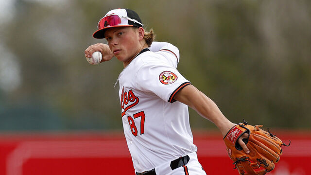 SARASOTA, FLORIDA - FEBRUARY 29: Jackson Holliday #87 of the Baltimore Orioles warms up during a spring training game against the Pittsburgh Pirates at Ed Smith Stadium on February 29, 2024 in Sarasota, Florida.