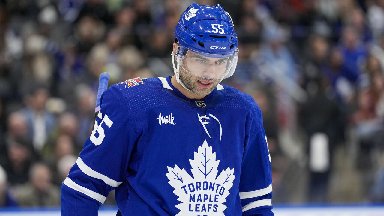 TORONTO, ON - NOVEMBER 4: Mark Giordano #55 of the Toronto Maple Leafs looks on against the Buffalo Sabres during the first period at the Scotiabank Arena on November 4, 2023 in Toronto, Ontario, Canada.