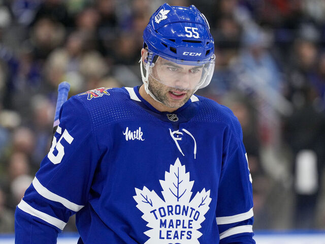 TORONTO, ON - NOVEMBER 4: Mark Giordano #55 of the Toronto Maple Leafs looks on against the Buffalo Sabres during the first period at the Scotiabank Arena on November 4, 2023 in Toronto, Ontario, Canada.