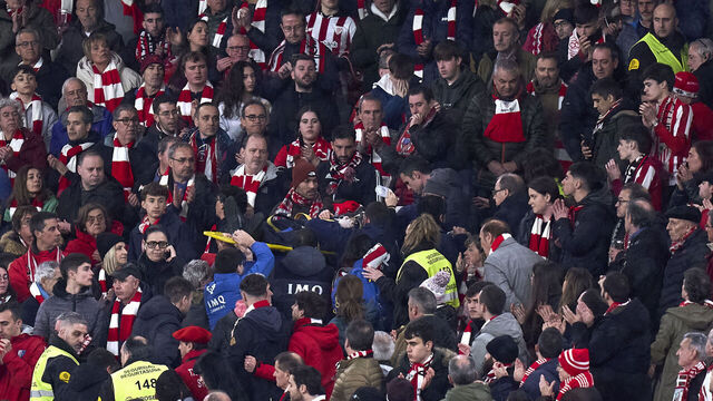 BILBAO, SPAIN - FEBRUARY 29: Emergency carrying out a fan during Copa del Rey Semifinal match between Athletic Club and Atletico Madrid at San Mames Stadium on February 29, 2024 in Bilbao, Spain.