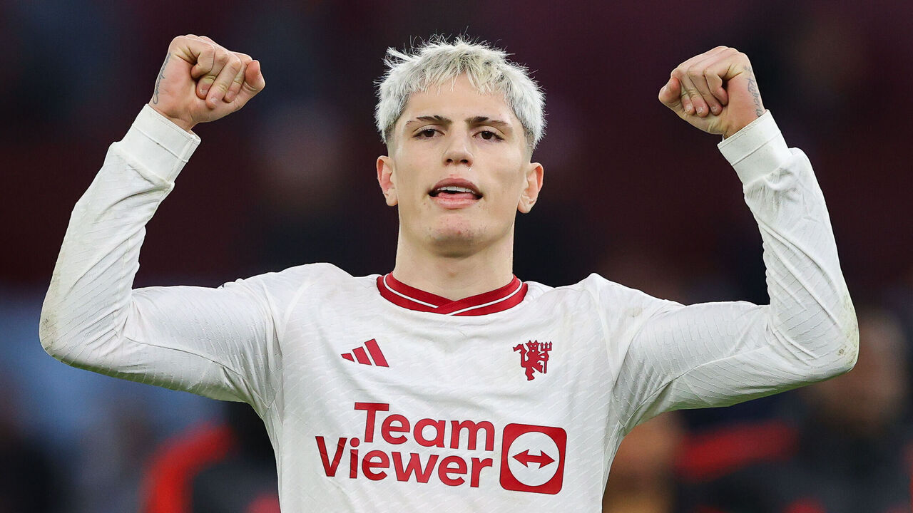 BIRMINGHAM, ENGLAND - FEBRUARY 11: Alejandro Garnacho of Manchester United celebrates after the Premier League match between Aston Villa and Manchester United at Villa Park on February 11, 2024 in Birmingham, England.