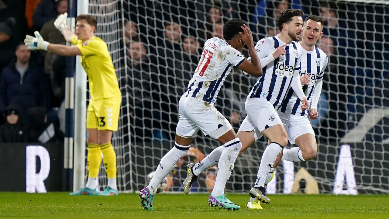 West Bromwich Albion's Mikey Johnston (second right) celebrates scoring their side's first goal of the game during the Sky Bet Championship match at the Coventry Building Society Arena, Coventry. Picture date: Friday March 1, 2024.