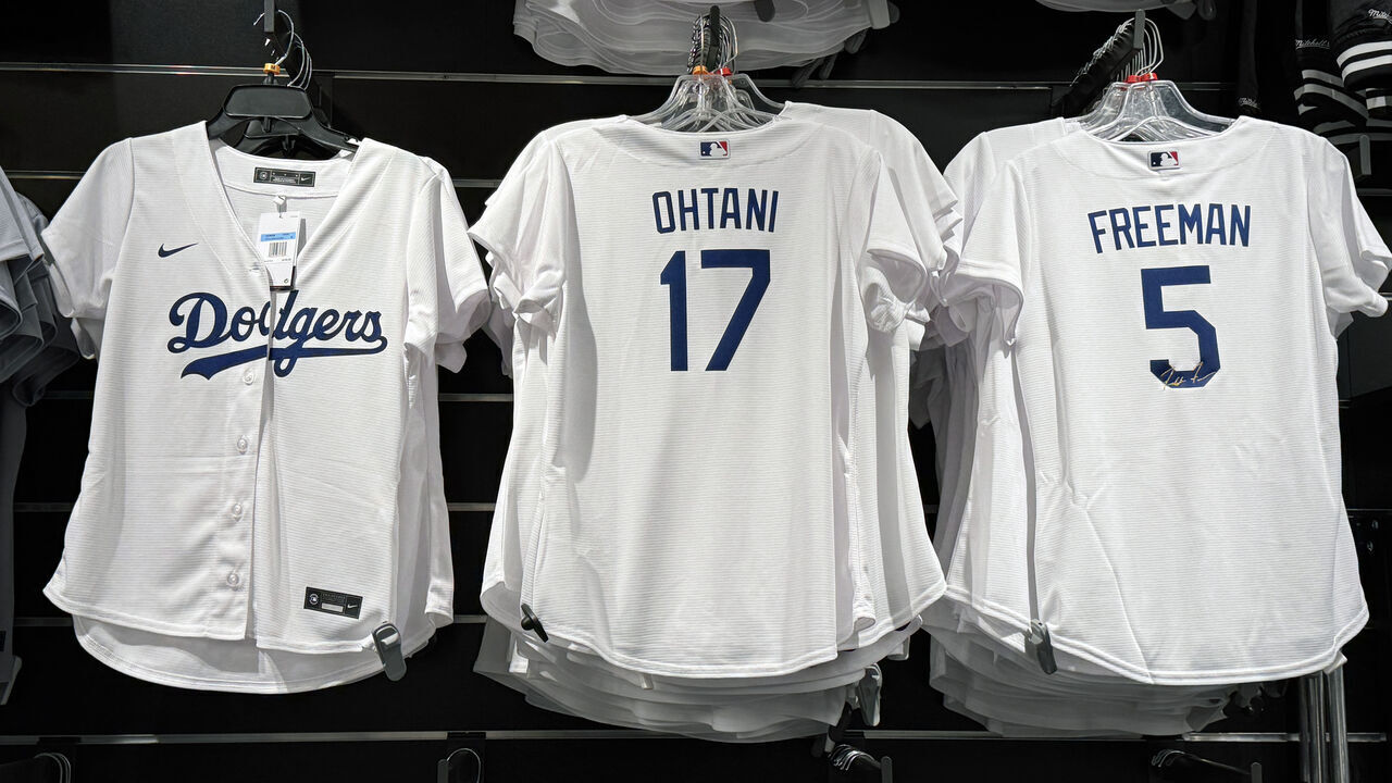 MONTEBELLO, CALIFORNIA - Jan 11: A view of women's jerseys of Los Angeles Dodgers player Shohei Ohtani (17) and first baseman Freddie Freeman (5) at the Dodgers Clubhouse store at The Shops at Montebello mall on January 11, 2024 in Montebello, California.