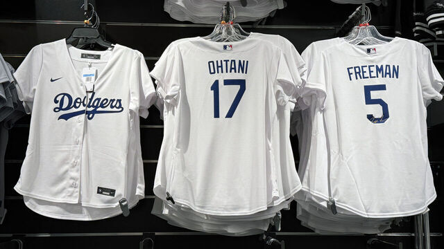 MONTEBELLO, CALIFORNIA - Jan 11: A view of women's jerseys of Los Angeles Dodgers player Shohei Ohtani (17) and first baseman Freddie Freeman (5) at the Dodgers Clubhouse store at The Shops at Montebello mall on January 11, 2024 in Montebello, California.