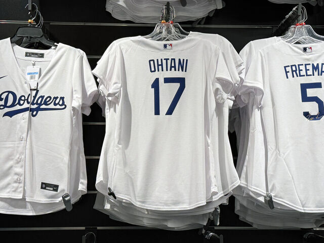 MONTEBELLO, CALIFORNIA - Jan 11: A view of women's jerseys of Los Angeles Dodgers player Shohei Ohtani (17) and first baseman Freddie Freeman (5) at the Dodgers Clubhouse store at The Shops at Montebello mall on January 11, 2024 in Montebello, California.