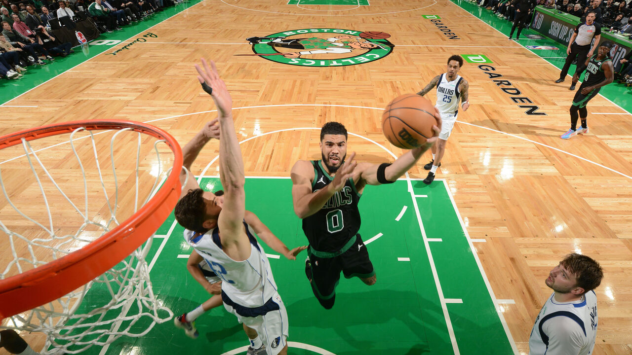 BOSTON, MA - MARCH 1: Jayson Tatum #0 of the Boston Celtics drives to the basket during the game against the Dallas Mavericks on March 1, 2024 at the TD Garden in Boston, Massachusetts. Mandatory Copyright Notice: Copyright 2024 NBAE
