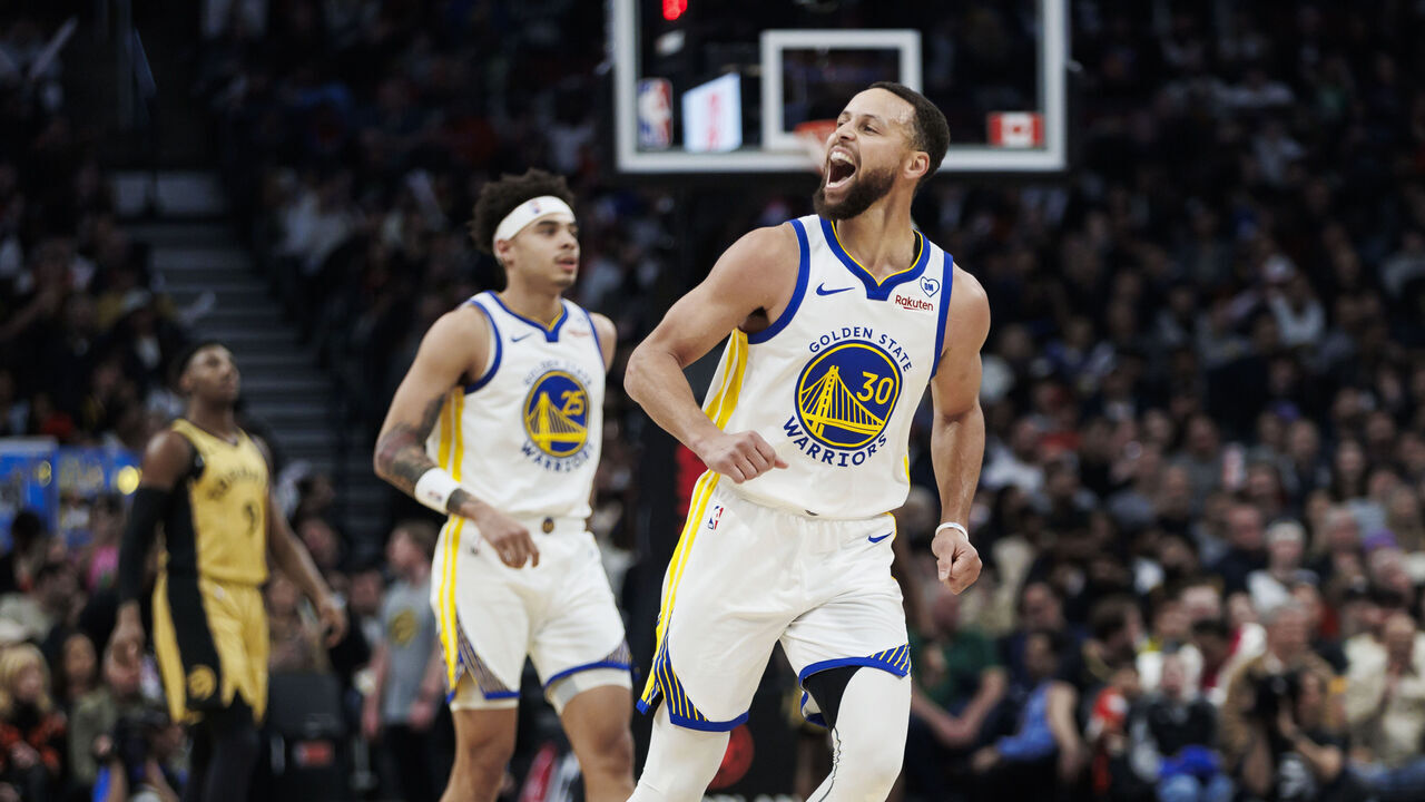 TORONTO, CANADA - MARCH 1: Stephen Curry #30 of the Golden State Warriors reacts against the Toronto Raptors in the first half of their NBA game at Scotiabank Arena on March 1, 2024 in Toronto, Canada.