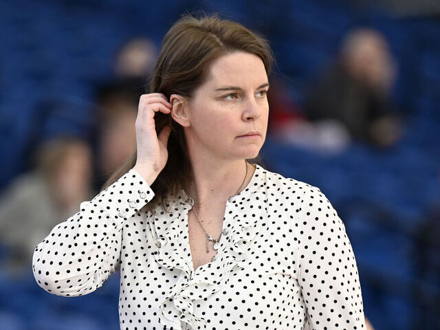 WILMINGTON, DELAWARE - MARCH 03: Head coach Gayle Fulks of the Davidson Wildcats watches the game against the Richmond Spiders during the second round of the 2022 Women's Atlantic 10 Tournament at Chase Fieldhouse on March 03, 2022 in Wilmington, Delaware.