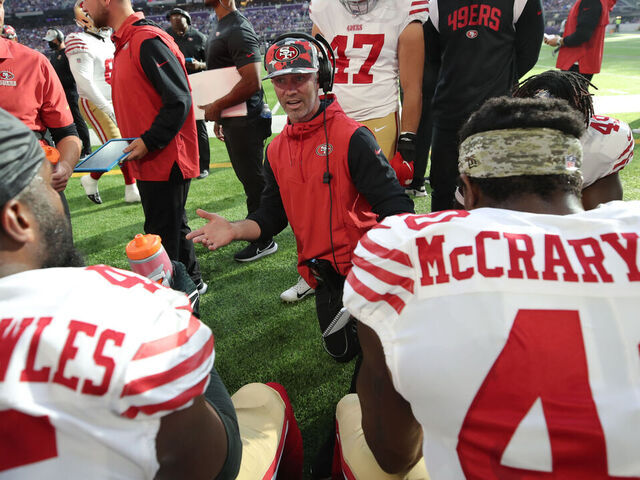 MINNEAPOLIS, MN - AUGUST 20: Defensive Assistant Coach Nick Sorensen of the San Francisco 49ers talks with the linebackers on the sideline during the game against the Minnesota Vikings at U.S. Bank Stadium on August 20, 2022 in Minneapolis, Minnesota. The 49ers defeated the Vikings 17-7.