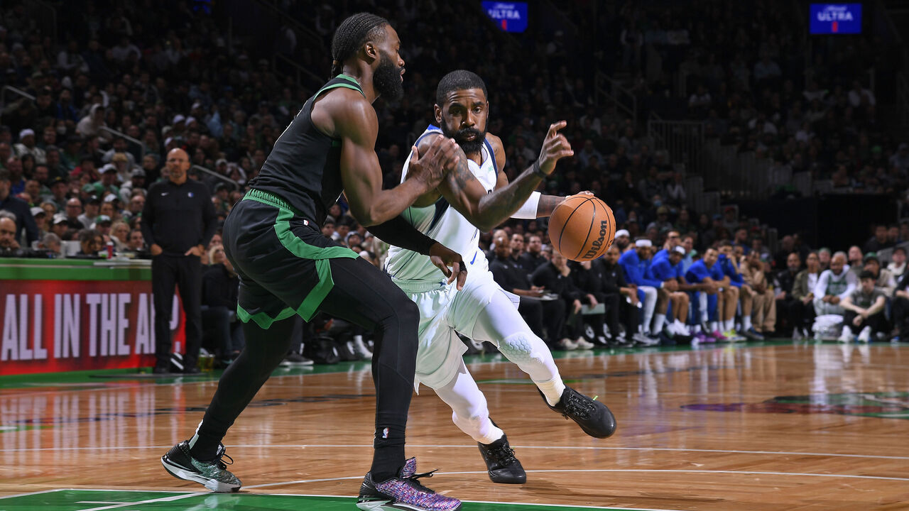 BOSTON, MA - MARCH 1: Kyrie Irving #11 of the Dallas Mavericks dribbles the ball during the game against the Boston Celtics on March 1, 2024 at the TD Garden in Boston, Massachusetts. Mandatory Copyright Notice: Copyright 2024 NBAE