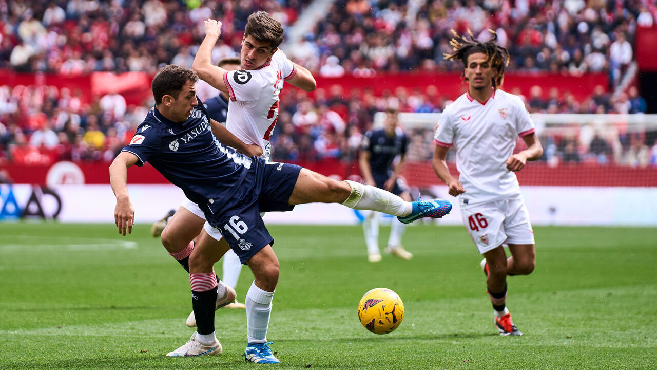 SPAIN - MARCH 02: Jon Ander Olasagasti of Real Sociedad in action during the Spanish league, LaLiga EA Sports, football match played between Sevilla FC and Real Sociedad at Ramon Sanchez-Pizjuan stadium on March 2, 2024, in Sevilla, Spain.
