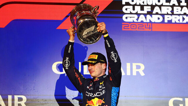 BAHRAIN, BAHRAIN - MARCH 02: Race winner Max Verstappen of the Netherlands and Oracle Red Bull Racing celebrates on the podium during the F1 Grand Prix of Bahrain at Bahrain International Circuit on March 02, 2024 in Bahrain, Bahrain.