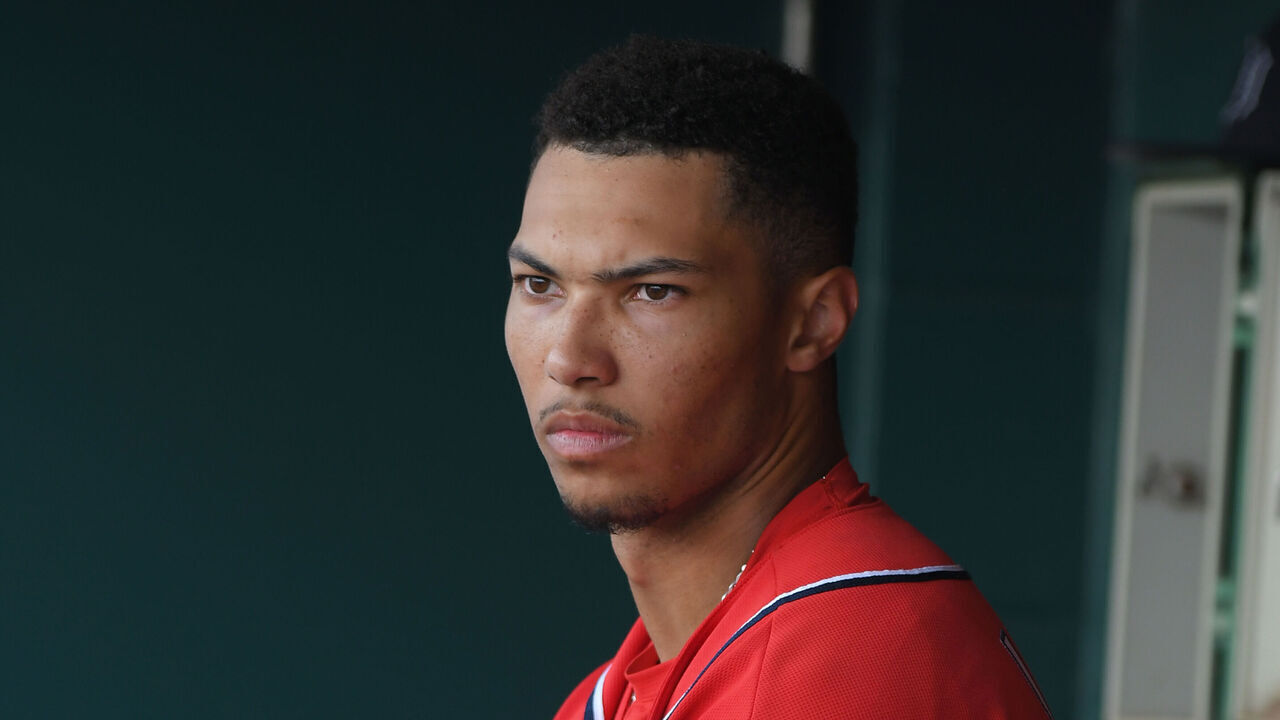 LAKELAND, FL - MARCH 08: Daylen Lile #13 of the Washington Nationals looks on from the dugout during the Spring Training game against the Detroit Tigers at Publix Field at Joker Marchant Stadium on March 8, 2023 in Lakeland, Florida. The Tigers defeated the Nationals 2-1.