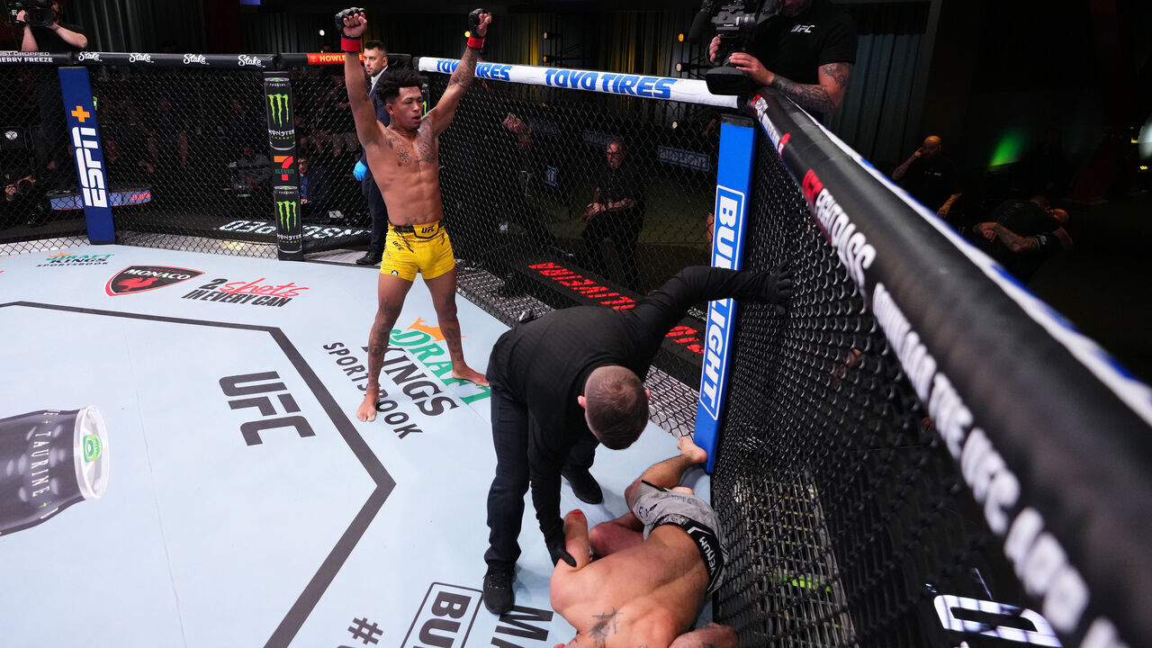 LAS VEGAS, NEVADA - MARCH 02: Vinicius Oliveira of Brazil reacts after his knockout victory against Benardo Sopaj of Albania in a bantamweight bout during the UFC Fight Night event at UFC APEX on March 02, 2024 in Las Vegas, Nevada.