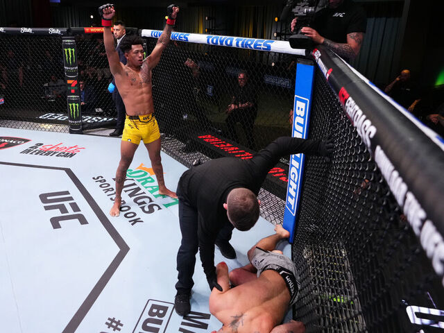 LAS VEGAS, NEVADA - MARCH 02: Vinicius Oliveira of Brazil reacts after his knockout victory against Benardo Sopaj of Albania in a bantamweight bout during the UFC Fight Night event at UFC APEX on March 02, 2024 in Las Vegas, Nevada.