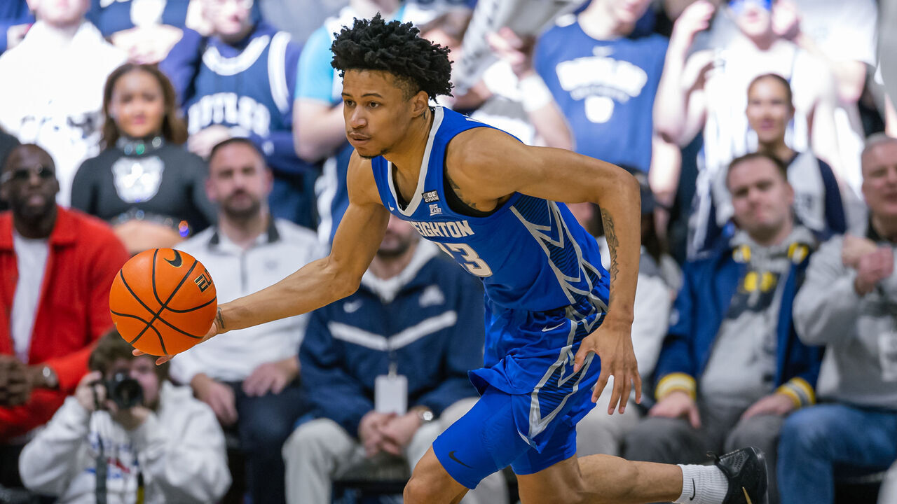 INDIANAPOLIS, INDIANA - FEBRUARY 17: Trey Alexander #23 of the Creighton Bluejays brings the ball up court during the game against the Butler Bulldogs at Hinkle Fieldhouse on February 17, 2024 in Indianapolis, Indiana.