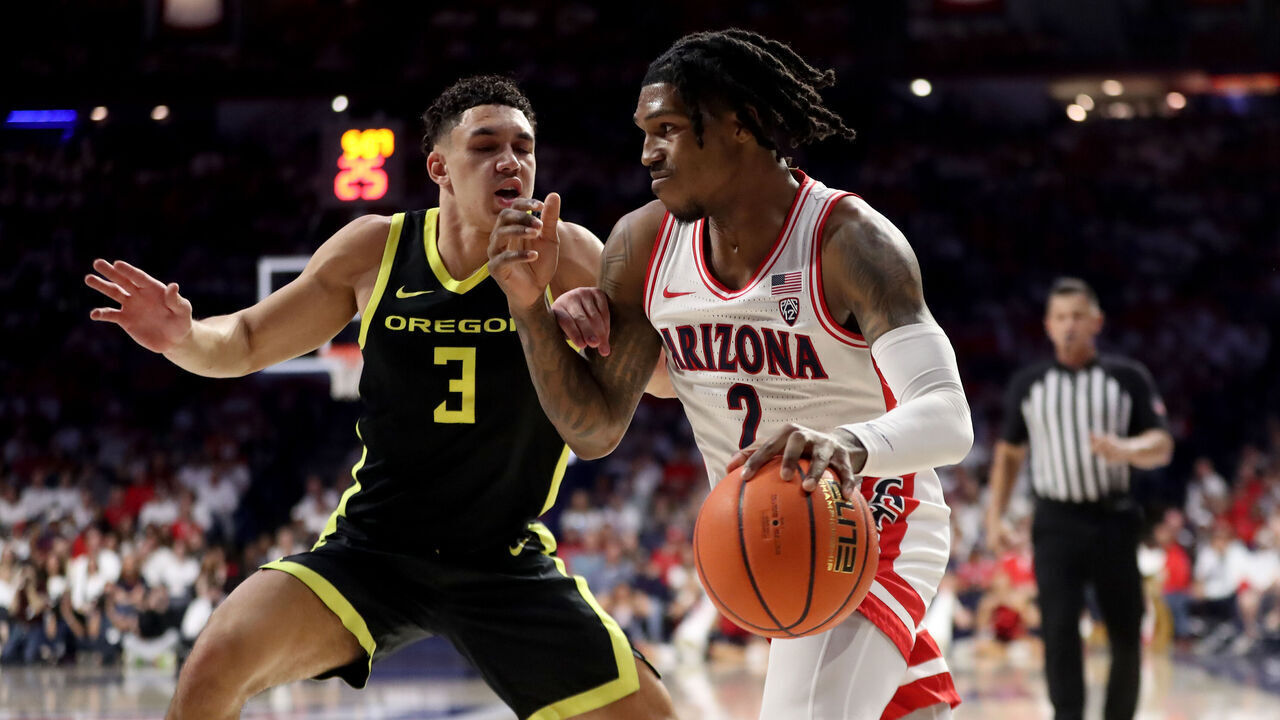 TUCSON, AZ - MARCH 02: Arizona Wildcats guard Caleb Love #2 during the first half of a men's basketball game between the Oregon Ducks and the University of Arizona Wildcats on March 2, 2024 at McKale Center in Tucson, AZ.