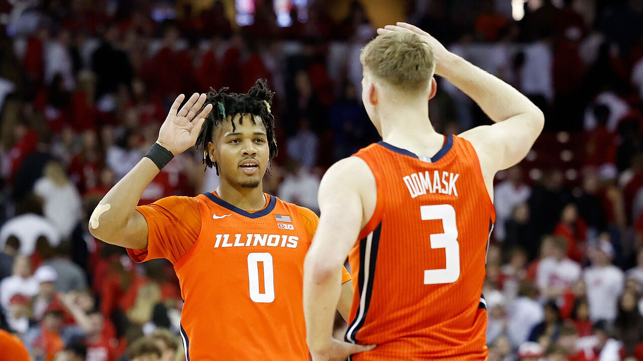 MADISON, WISCONSIN - MARCH 02: Terrence Shannon Jr. #0 of the Illinois Fighting Illini congratulates Marcus Domask #3 in the final seconds of the game and win over the Wisconsin Badgers at Kohl Center on March 02, 2024 in Madison, Wisconsin.