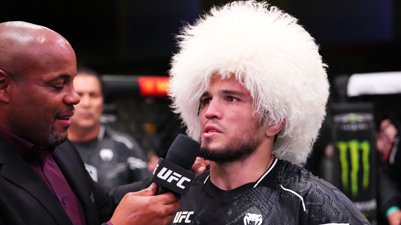 LAS VEGAS, NEVADA - MARCH 02: Umar Nurmagomedov of Russia reacts after his victory against Bekzat Almakhan of Kazakhstan in a bantamweight bout during the UFC Fight Night event at UFC APEX on March 02, 2024 in Las Vegas, Nevada.