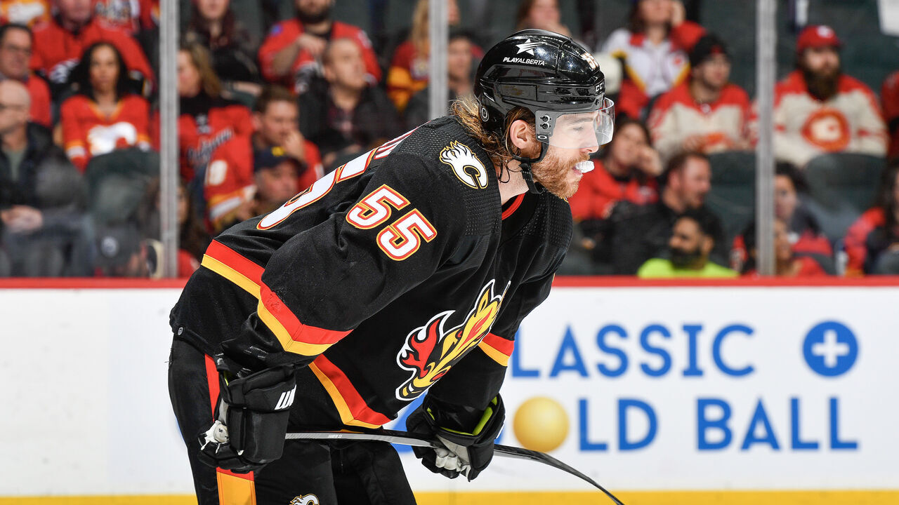 CALGARY, ALBERTA - JANUARY 27: Noah Hanifin #55 of the Calgary Flames skates against the Chicago Blackhawks at the Scotiabank Saddledome on January 27, 2024 in Calgary, Alberta.