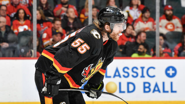 CALGARY, ALBERTA - JANUARY 27: Noah Hanifin #55 of the Calgary Flames skates against the Chicago Blackhawks at the Scotiabank Saddledome on January 27, 2024 in Calgary, Alberta.