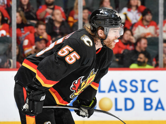CALGARY, ALBERTA - JANUARY 27: Noah Hanifin #55 of the Calgary Flames skates against the Chicago Blackhawks at the Scotiabank Saddledome on January 27, 2024 in Calgary, Alberta.