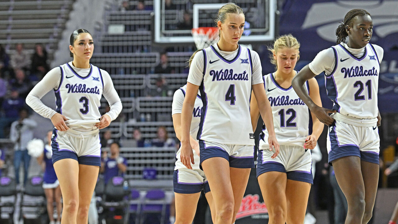 MANHATTAN, KS - FEBRUARY 28: Kansas State Wildcats players Serena Sundell #4, Eliza Maupin #21, Gabby Gregory #12 and Jaelyn Glenn #3 walks off the court after losing to the Iowa State Cyclones at Bramlage Coliseum on February 28, 2024 in Manhattan, Kansas.