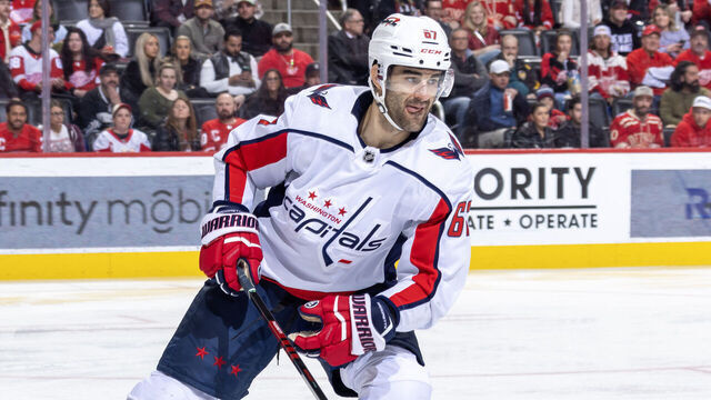 DETROIT, MI - FEBRUARY 27: Max Pacioretty #67 of the Washington Capitals follows the play against the Detroit Red Wings during the second period at Little Caesars Arena on February 27, 2024 in Detroit, Michigan. Detroit defeated Washington 8-3.