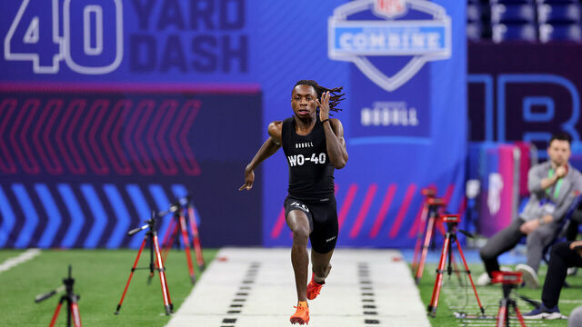 INDIANAPOLIS, INDIANA - MARCH 02: Xavier Worthy #WO40 of Texas participates in the 40-yard dash during the NFL Combine at Lucas Oil Stadium on March 02, 2024 in Indianapolis, Indiana.