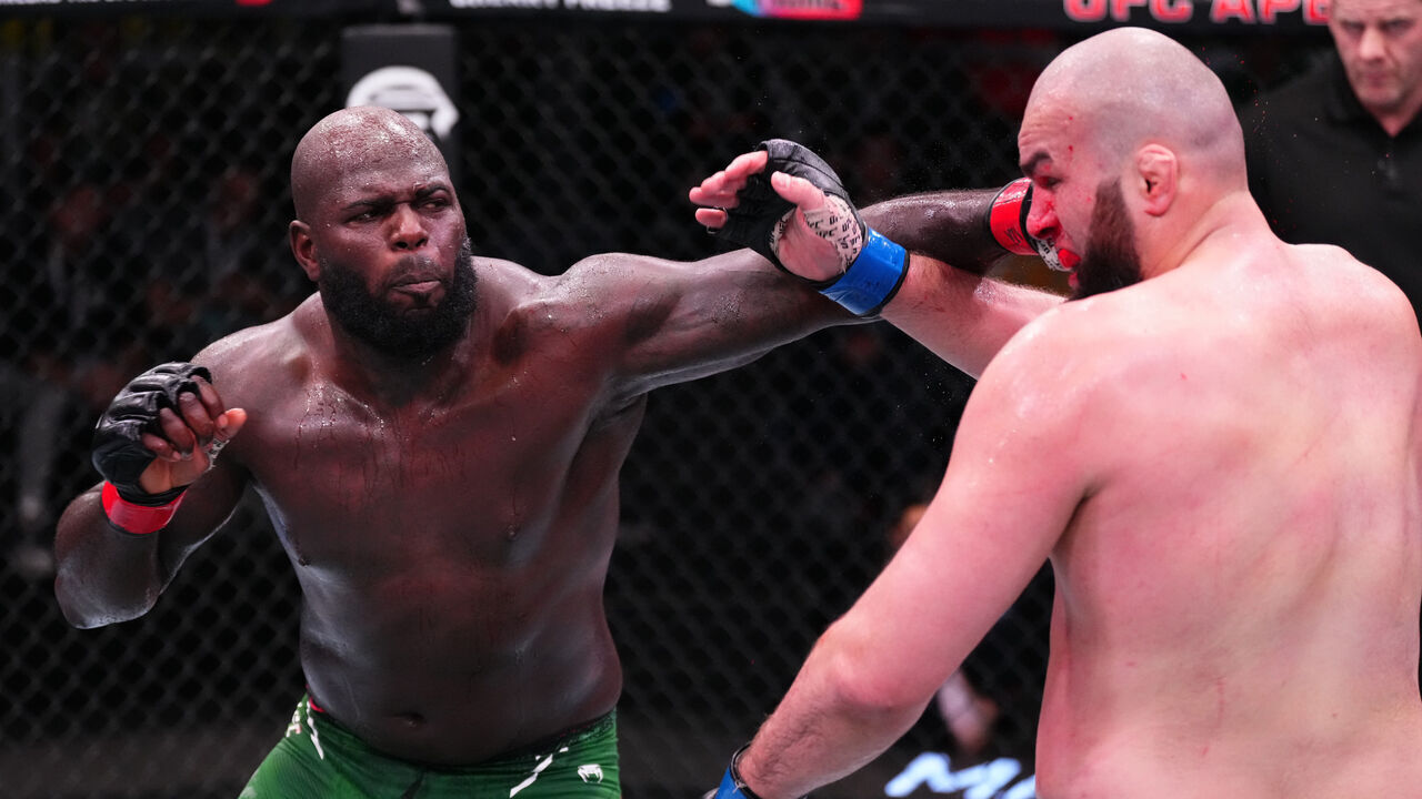 LAS VEGAS, NEVADA - MARCH 02: (L-R) Jairzinho Rozenstruik of Suriname punches Shamil Gaziev of Russia in a heavyweight bout during the UFC Fight Night event at UFC APEX on March 02, 2024 in Las Vegas, Nevada.