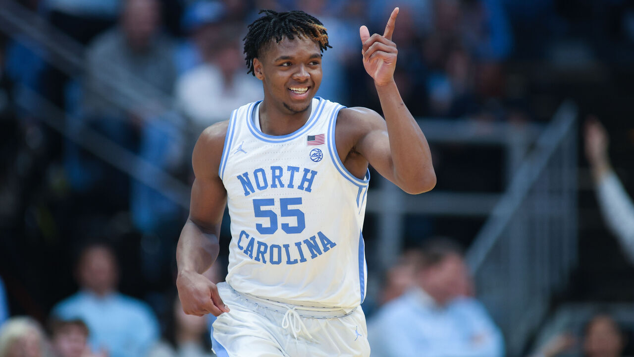 CHAPEL HILL, NC - MARCH 02: North Carolina Tar Heels forward Harrison Ingram (55) acknowledges the assist during the college basketball game between the North Carolina State Wolfpack and the North Carolina Tar Heels on March 2, 2024 at the Dean Smith Center in Raleigh, NC.