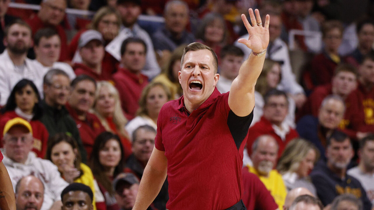 AMES, IA - FEBRUARY 28: Head coach T. J. Otzelberger of the Iowa State Cyclones coaches from the bench in the second half of play against the Oklahoma Sooners at Hilton Coliseum on February 28, 2024 in Ames, Iowa. The Iowa State Cyclones won 58-45 over the Oklahoma Sooners.