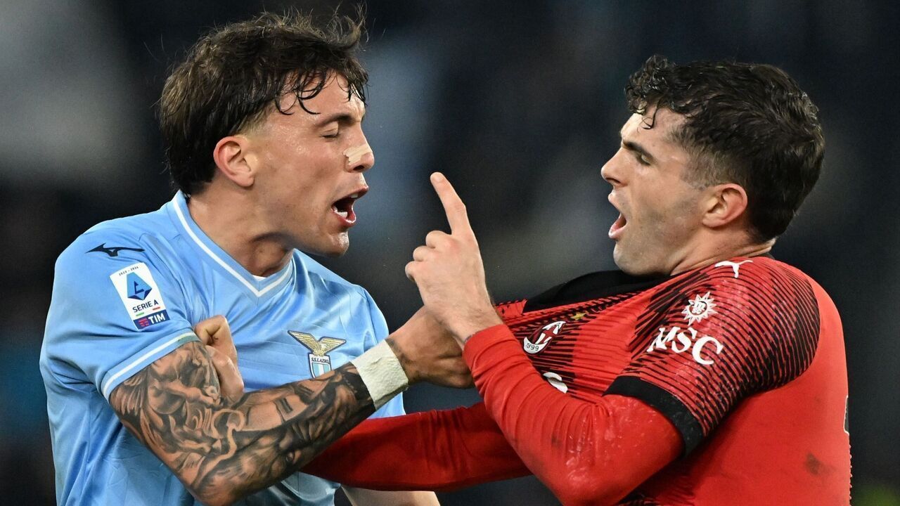 AC Milan's Christian Pulisic R quarrels with Lazio's Luca Pellegrini during a Serie A football match between Lazio and AC Milan in Rome, Italy, March 1, 2024.